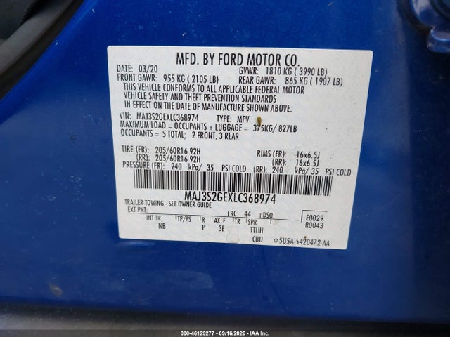 2020 Ford Ecosport Se მანქანა იყიდება აუქციონზე, vin: MAJ3S2GEXLC368974, აუქციონის ნომერი: 46129277