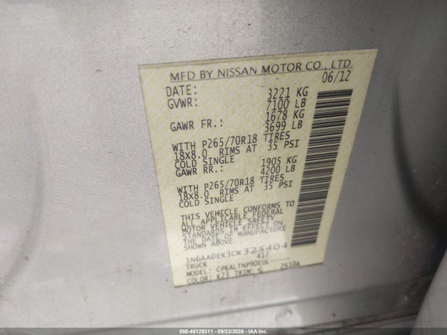 Продажа на аукционе авто 2012 Nissan Titan Sv, vin: 1N6AA0EK3CN325404, номер лота: 46129311