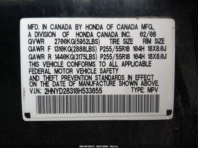 Aukcja sprzedaży 2008 Acura Mdx Technology Package, vin: 2HNYD28318H533655, numer aukcji: 46129312