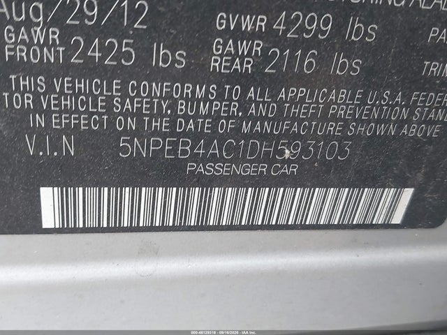 Продажа на аукционе авто 2013 Hyundai Sonata Gls, vin: 5NPEB4AC1DH593103, номер лота: 46129318