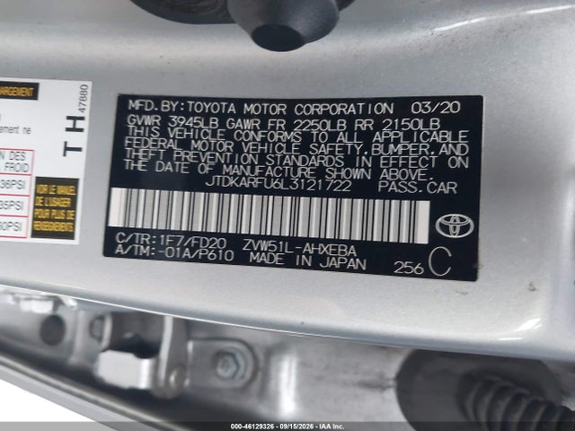 Toyota Prius Le 2020 JTDKARFU6L3121722 Image 9