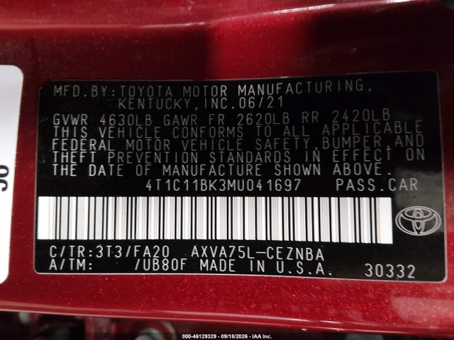 Aukcja sprzedaży 2021 Toyota Camry Le Awd, vin: 4T1C11BK3MU041697, numer aukcji: 46129329