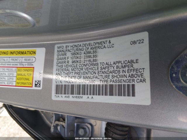 46129333 :رقم المزاد ، 1HGCV1F10NA073490 vin ، 2022 Honda Accord Lx مزاد بيع