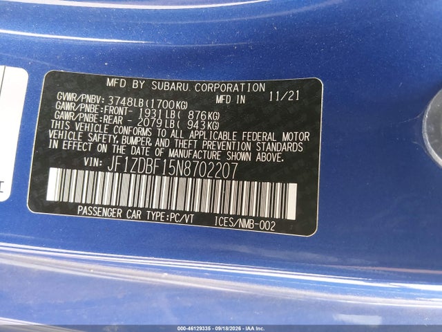 46129335 :رقم المزاد ، JF1ZDBF15N8702207 vin ، 2022 Subaru Brz Limited مزاد بيع
