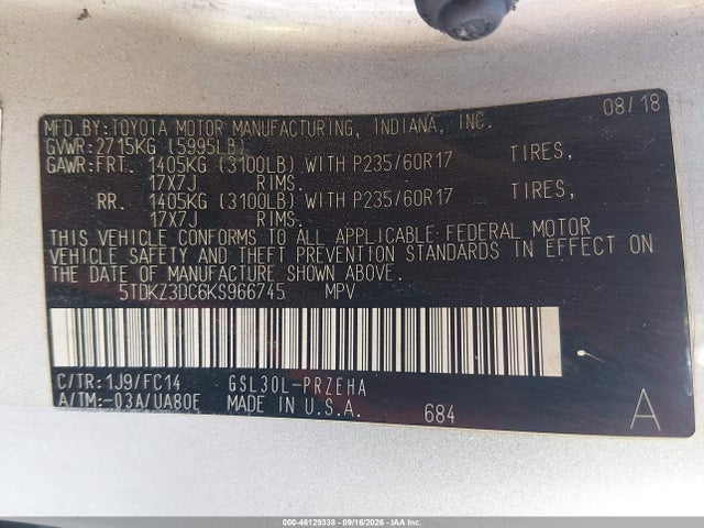 2019 Toyota Sienna Le 8 Passenger მანქანა იყიდება აუქციონზე, vin: 5TDKZ3DC6KS966745, აუქციონის ნომერი: 46129338