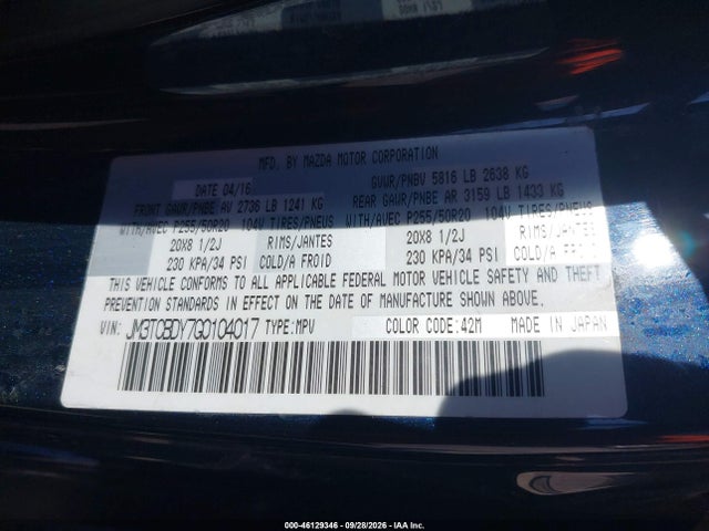 46129346 :رقم المزاد ، JM3TCBDY7G0104017 vin ، 2016 Mazda Cx-9 Grand Touring مزاد بيع