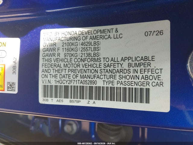 2026 Honda Accord Hybrid Sport-l მანქანა იყიდება აუქციონზე, vin: 1HGCY2F71TA052890, აუქციონის ნომერი: 46129362