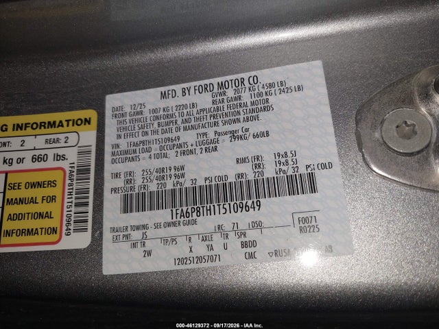 46129372 :رقم المزاد ، 1FA6P8TH1T5109649 vin ، 2026 Ford Mustang Ecoboost Fastback مزاد بيع