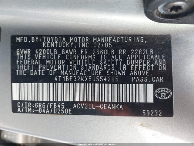 46129388 :رقم المزاد ، 4T1BE32KX5U554295 vin ، 2005 Toyota Camry Le مزاد بيع