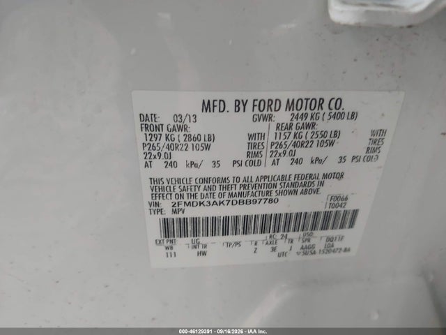 2013 Ford Edge Sport მანქანა იყიდება აუქციონზე, vin: 2FMDK3AK7DBB97780, აუქციონის ნომერი: 46129391