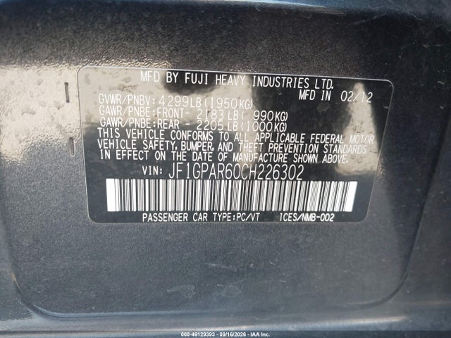 Aukcja sprzedaży 2012 Subaru Impreza 2.0i Sport Limited, vin: JF1GPAR60CH226302, numer aukcji: 46129393