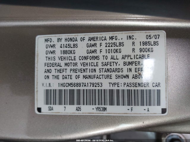 2007 Honda Accord 2.4 Ex მანქანა იყიდება აუქციონზე, vin: 1HGCM56897A179253, აუქციონის ნომერი: 46129396