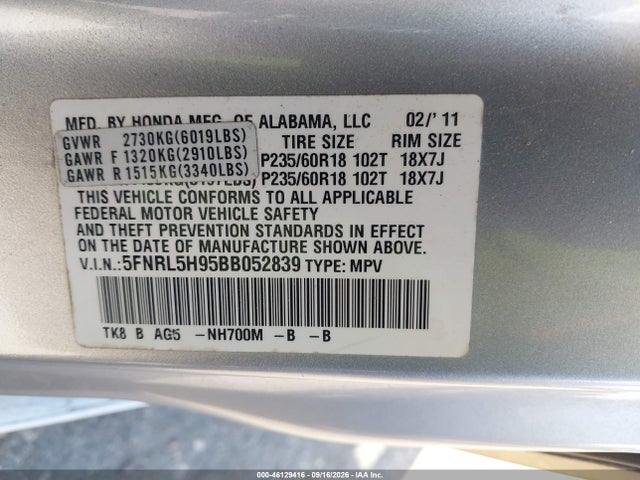 Продаж на аукціоні авто 2011 Honda Odyssey Touring/touring Elite, vin: 5FNRL5H95BB052839, номер лоту: 46129416