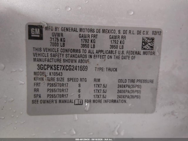2012 Chevrolet Silverado 1500 Lt მანქანა იყიდება აუქციონზე, vin: 3GCPKSE7XCG241669, აუქციონის ნომერი: 46129430