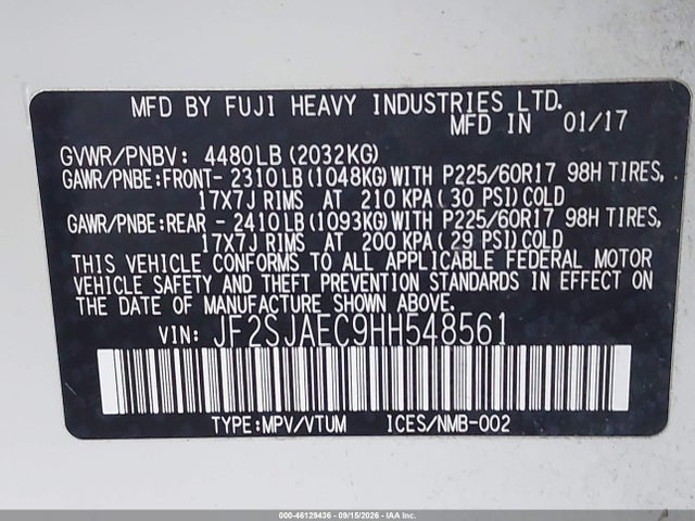 Aukcja sprzedaży 2017 Subaru Forester 2.5i Premium, vin: JF2SJAEC9HH548561, numer aukcji: 46129436