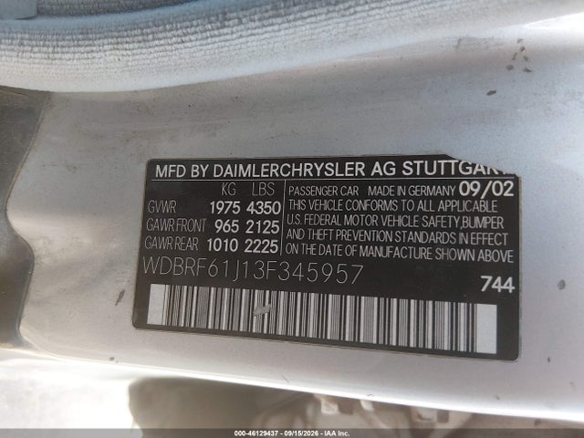 Aukcja sprzedaży 2003 Mercedes-benz C 240, vin: WDBRF61J13F345957, numer aukcji: 46129437