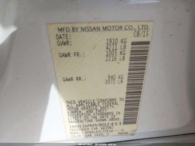 Продаж на аукціоні авто 2015 Nissan Altima 2.5 Sl, vin: 1N4AL3AP6FN902453, номер лоту: 46129447