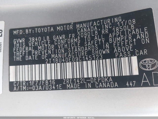 Aukcja sprzedaży 2009 Toyota Corolla Le, vin: 2T1BU40E09C145123, numer aukcji: 46129475