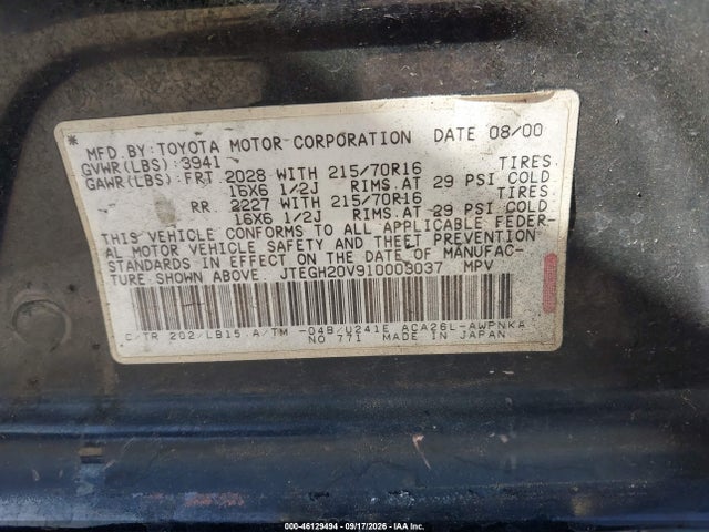 2001 Toyota Rav4 მანქანა იყიდება აუქციონზე, vin: JTEGH20V910003037, აუქციონის ნომერი: 46129494