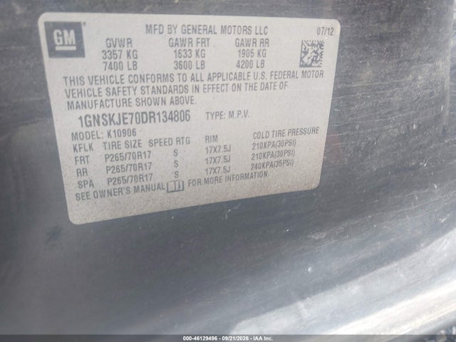 46129496 :رقم المزاد ، 1GNSKJE70DR134806 vin ، 2013 Chevrolet Suburban 1500 Lt مزاد بيع