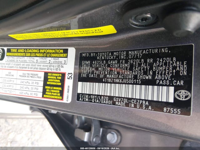 46129508 :رقم المزاد ، 4T1BZ1HK6JU500115 vin ، 2018 Toyota Camry Xse V6 مزاد بيع