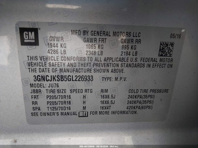 3GNCJKSB5GL226933 Chevrolet Trax 1ls