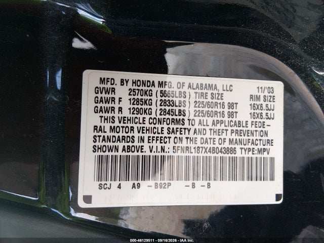 Aukcja sprzedaży 2004 Honda Odyssey Ex-l, vin: 5FNRL187X4B043886, numer aukcji: 46129511