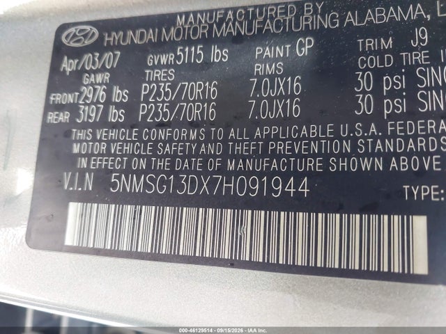 Продаж на аукціоні авто 2007 Hyundai Santa Fe Gls, vin: 5NMSG13DX7H091944, номер лоту: 46129514