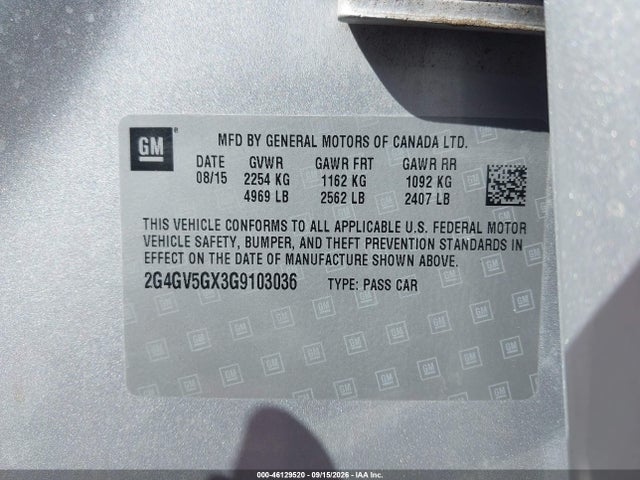 46129520 :رقم المزاد ، 2G4GV5GX3G9103036 vin ، 2016 Buick Regal Turbo Gs مزاد بيع