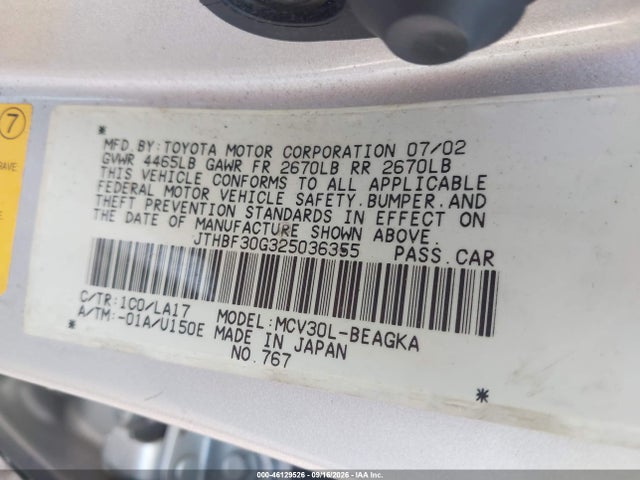 Aukcja sprzedaży 2002 Lexus Es 300, vin: JTHBF30G325036355, numer aukcji: 46129526