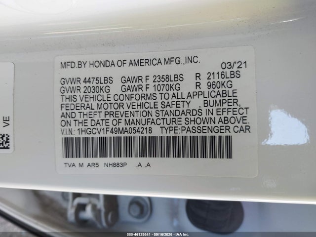 Продаж на аукціоні авто 2021 Honda Accord Sport Special Edition, vin: 1HGCV1F49MA054218, номер лоту: 46129541