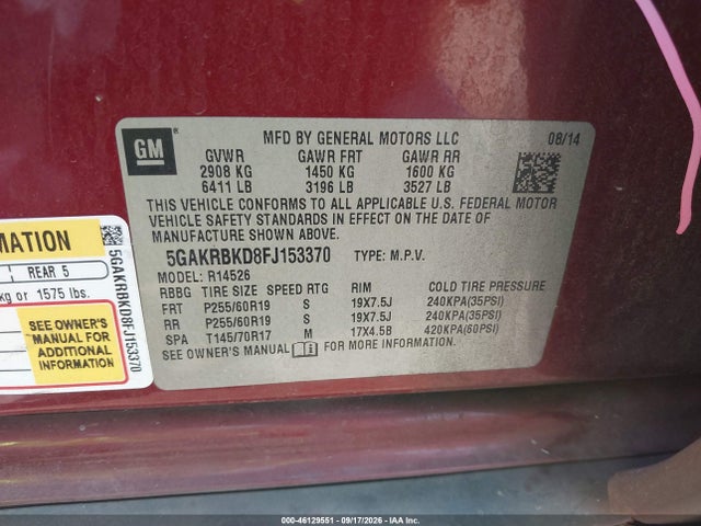 46129551 :رقم المزاد ، 5GAKRBKD8FJ153370 vin ، 2015 Buick Enclave Leather مزاد بيع