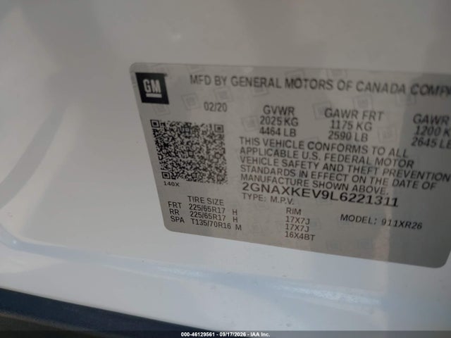 2020 Chevrolet Equinox Fwd Lt 1.5l Turbo მანქანა იყიდება აუქციონზე, vin: 2GNAXKEV9L6221311, აუქციონის ნომერი: 46129561