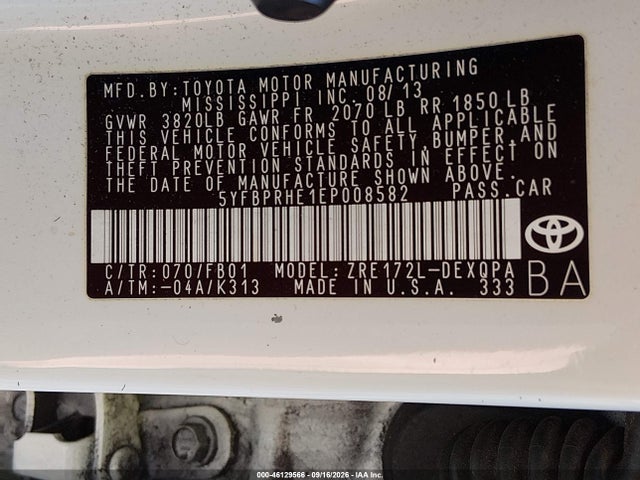 46129566 :رقم المزاد ، 5YFBPRHE1EP008582 vin ، 2014 Toyota Corolla Le Eco مزاد بيع