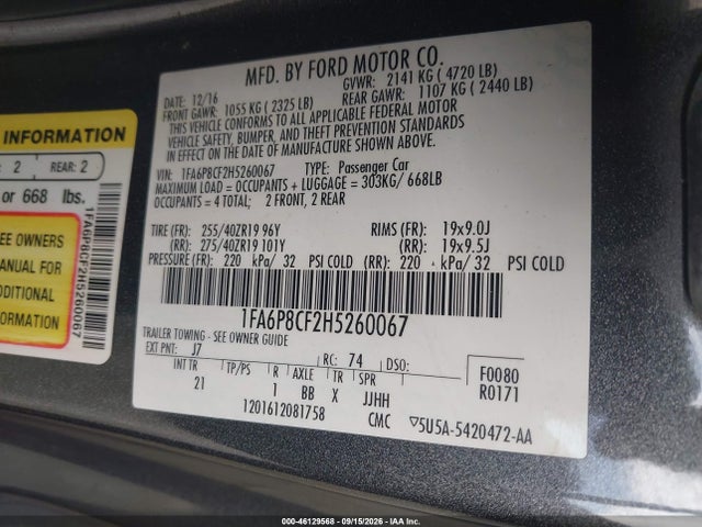Продаж на аукціоні авто 2017 Ford Mustang Gt, vin: 1FA6P8CF2H5260067, номер лоту: 46129568