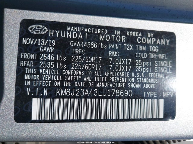 Продаж на аукціоні авто 2020 Hyundai Tucson Se, vin: KM8J23A43LU178690, номер лоту: 46129594