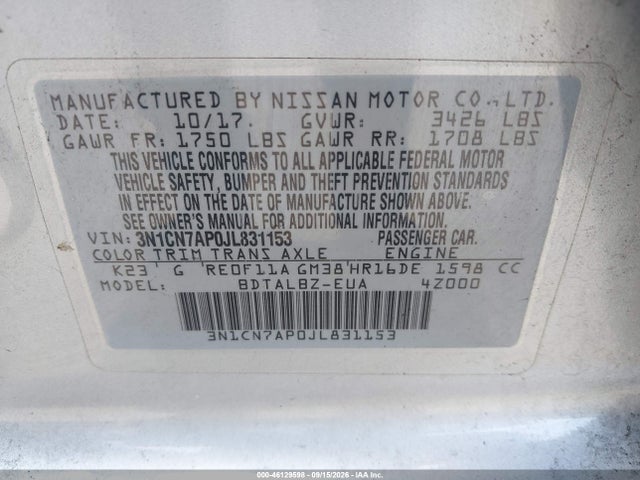 Продаж на аукціоні авто 2018 Nissan Versa 1.6 Sv, vin: 3N1CN7AP0JL831153, номер лоту: 46129598
