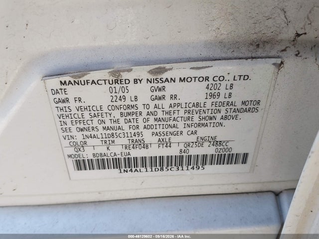 Продажа на аукционе авто 2005 Nissan Altima 2.5 S, vin: 1N4AL11D85C311495, номер лота: 46129602