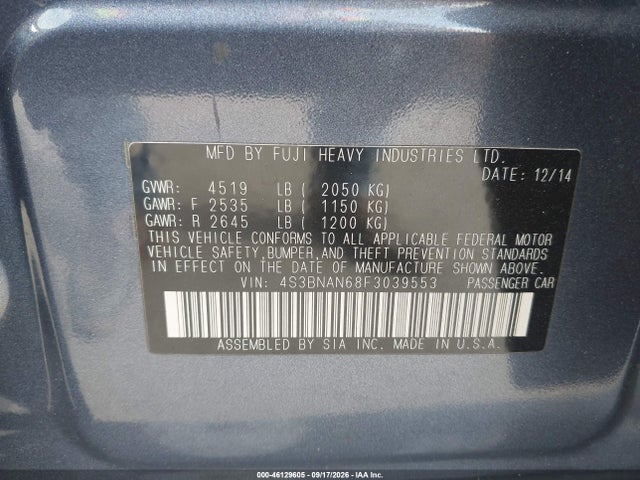 46129605 :رقم المزاد ، 4S3BNAN68F3039553 vin ، 2015 Subaru Legacy 2.5i Limited مزاد بيع