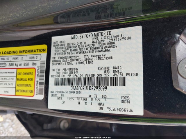 2013 Ford Fusion Hybrid Titanium მანქანა იყიდება აუქციონზე, vin: 3FA6P0RU1DR292099, აუქციონის ნომერი: 46129609