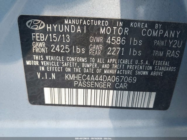 2013 Hyundai Sonata Hybrid მანქანა იყიდება აუქციონზე, vin: KMHEC4A44DA067069, აუქციონის ნომერი: 46129610