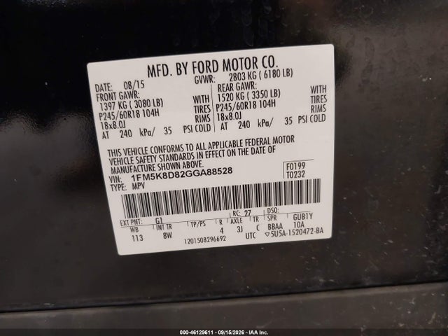 Ford EXPLORER XLT 2016 1FM5K8D82GGA88528 Image 9