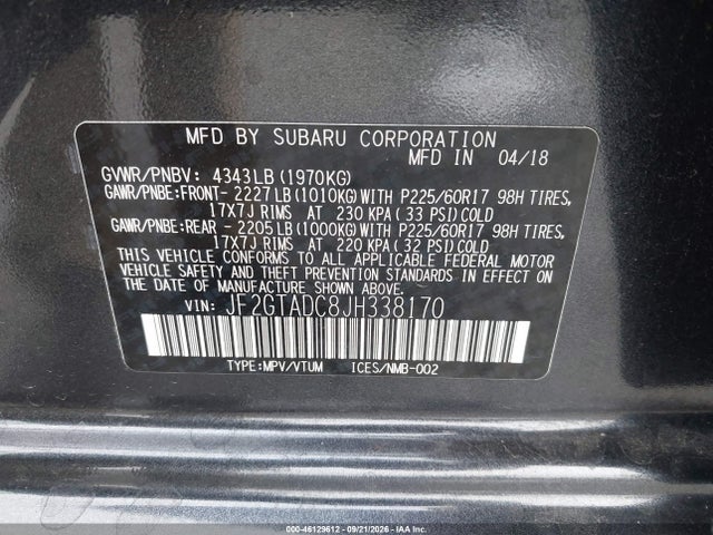 2018 Subaru Crosstrek 2.0i Premium მანქანა იყიდება აუქციონზე, vin: JF2GTADC8JH338170, აუქციონის ნომერი: 46129612