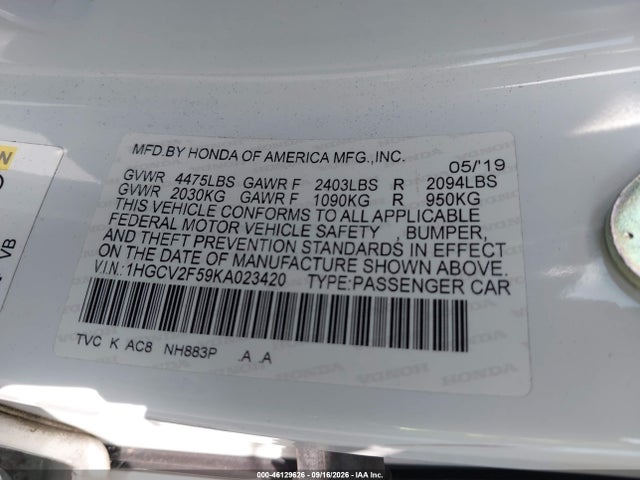Aukcja sprzedaży 2019 Honda Accord Ex-l 2.0t, vin: 1HGCV2F59KA023420, numer aukcji: 46129626