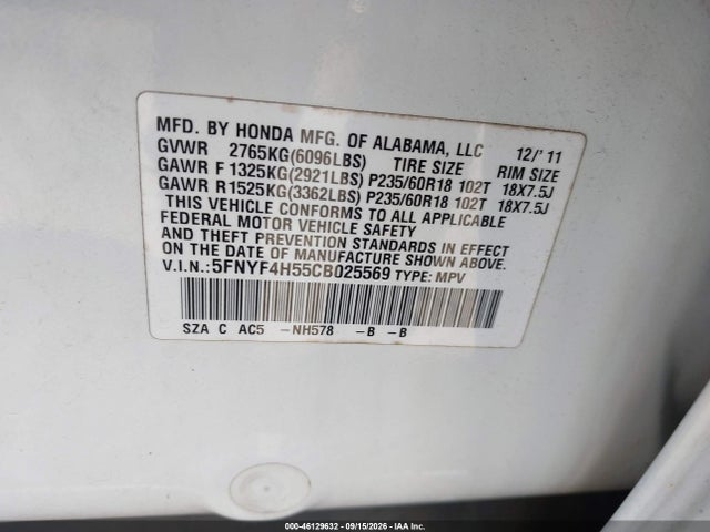 Продажа на аукционе авто 2012 Honda Pilot Ex-l, vin: 5FNYF4H55CB025569, номер лота: 46129632