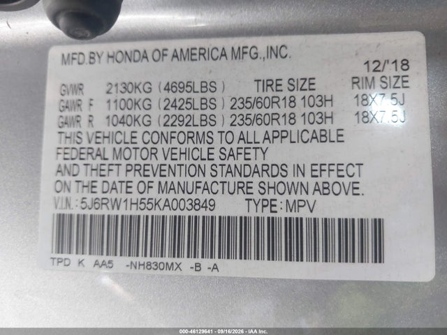Honda CR-V EX 2019 5J6RW1H55KA003849 Image 9
