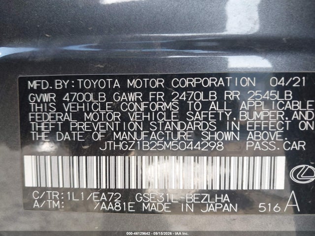 Aukcja sprzedaży 2021 Lexus Is 350 F Sport, vin: JTHGZ1B25M5044298, numer aukcji: 46129642