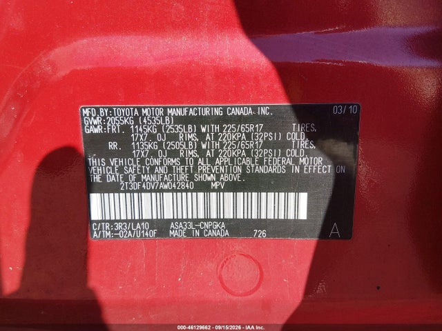 46129662 :رقم المزاد ، 2T3DF4DV7AW042840 vin ، 2010 Toyota Rav4 Limited مزاد بيع