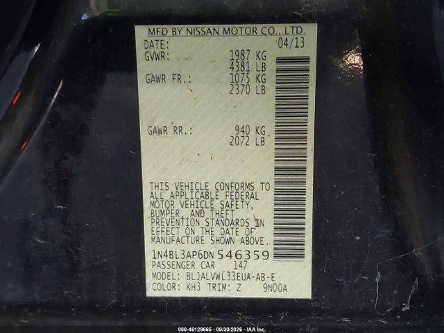 46129665 :رقم المزاد ، 1N4BL3AP6DN546359 vin ، 2013 Nissan Altima 3.5 Sl مزاد بيع