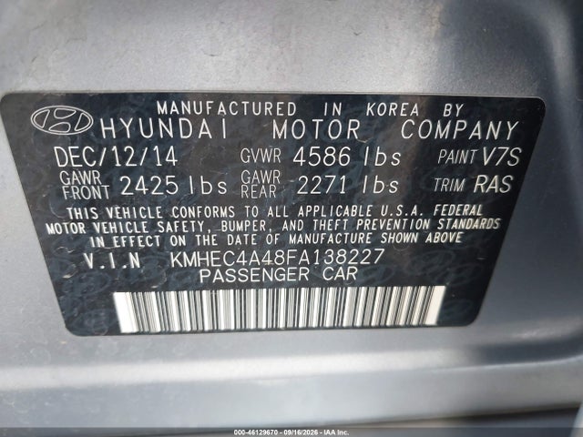 46129670 :رقم المزاد ، KMHEC4A48FA138227 vin ، 2015 Hyundai Sonata Hybrid مزاد بيع